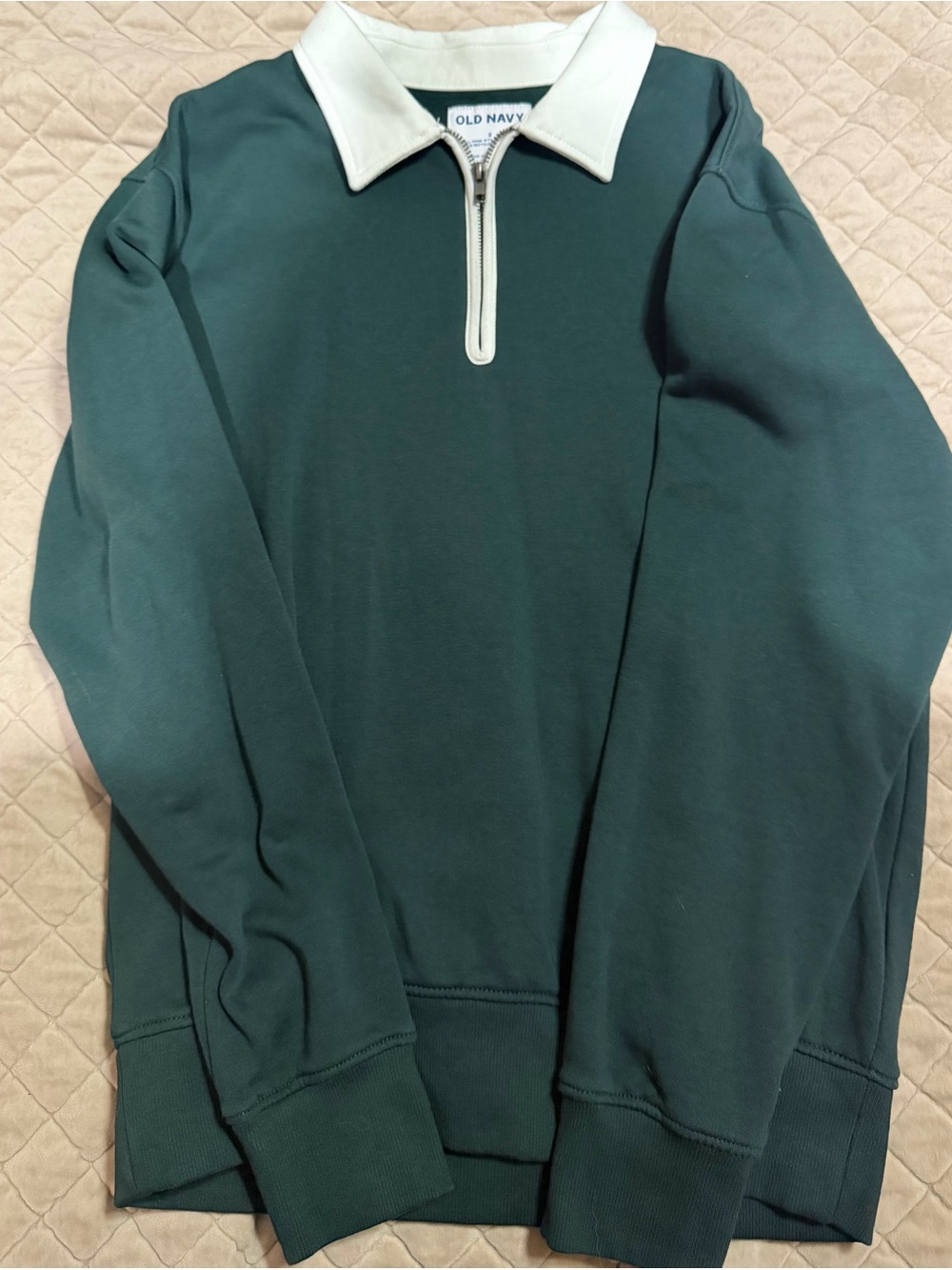 Old Navy Men's Forest Green Zip-Front Sweater with White Collar